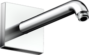 Chrome shower arm with square wall mount and threaded outlet connection.