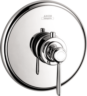 Chrome thermostatic shower mixer with circular escutcheon plate and single lever handle.