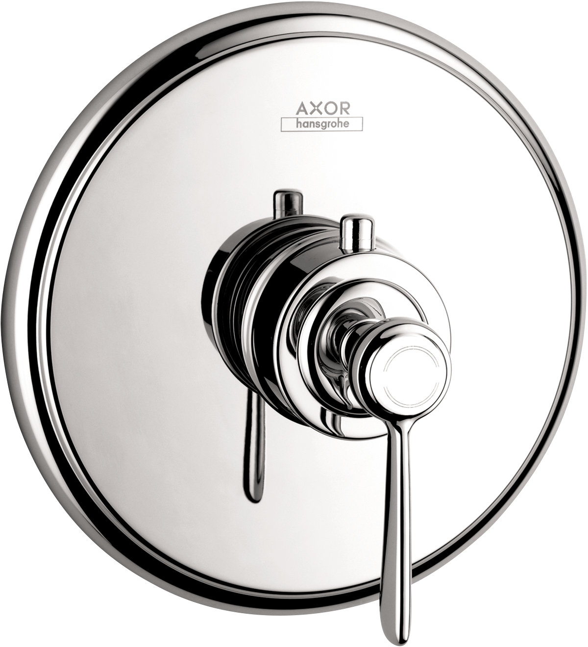 Chrome thermostatic shower mixer with circular escutcheon plate and single lever handle.