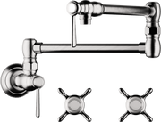 Chrome wall-mounted pot filler with articulating arm, single spout, lever handle, and two cross-turn handles.