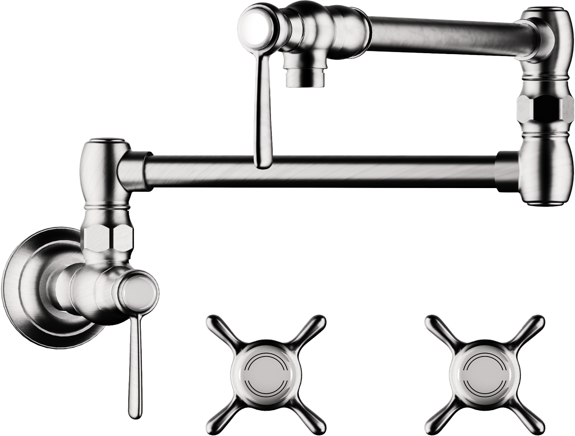 Chrome wall-mounted pot filler with articulating arm, single spout, lever handle, and two cross-turn handles.