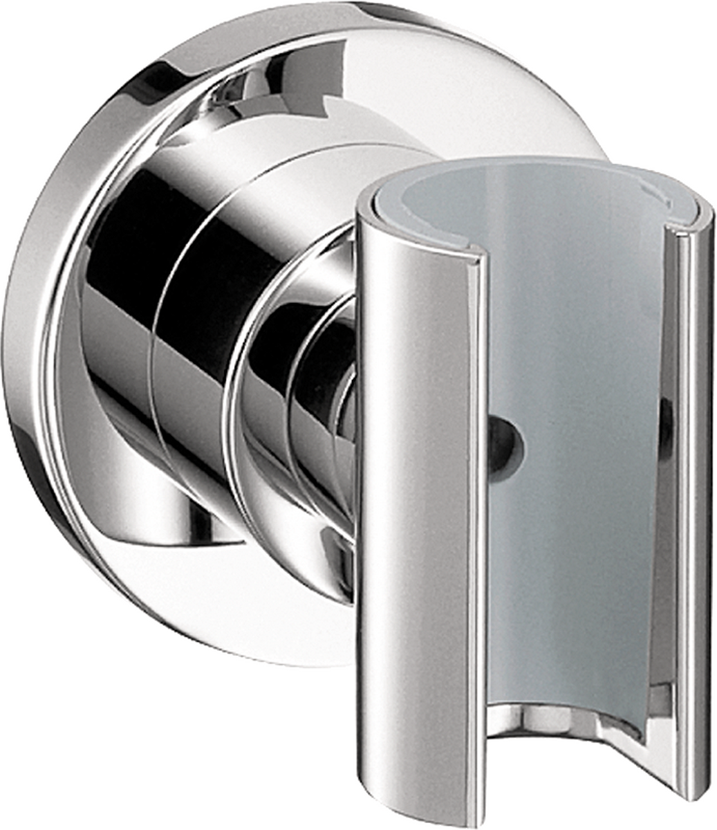 Chrome handshower holder with cylindrical bracket and rounded wall mount plate.