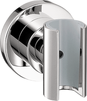 Chrome handshower holder with cylindrical bracket and rounded wall mount plate.