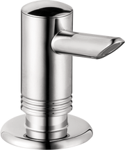 Chrome soap dispenser with cylindrical body, side-mounted pump lever, and circular base.