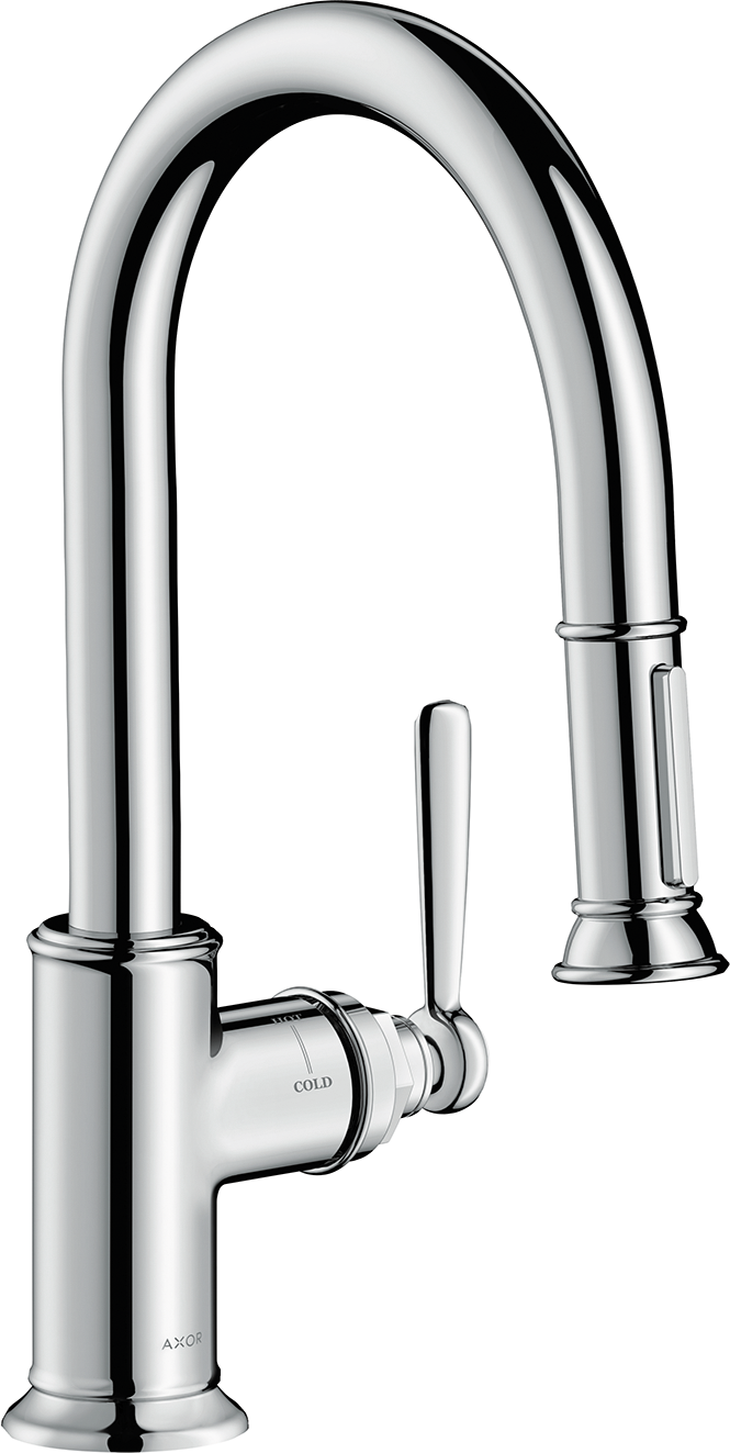 Steel optic prep kitchen faucet with high curved spout and pull-down spray head.