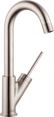 Steel optic bar faucet with curved spout and single lever handle, shown on white background.