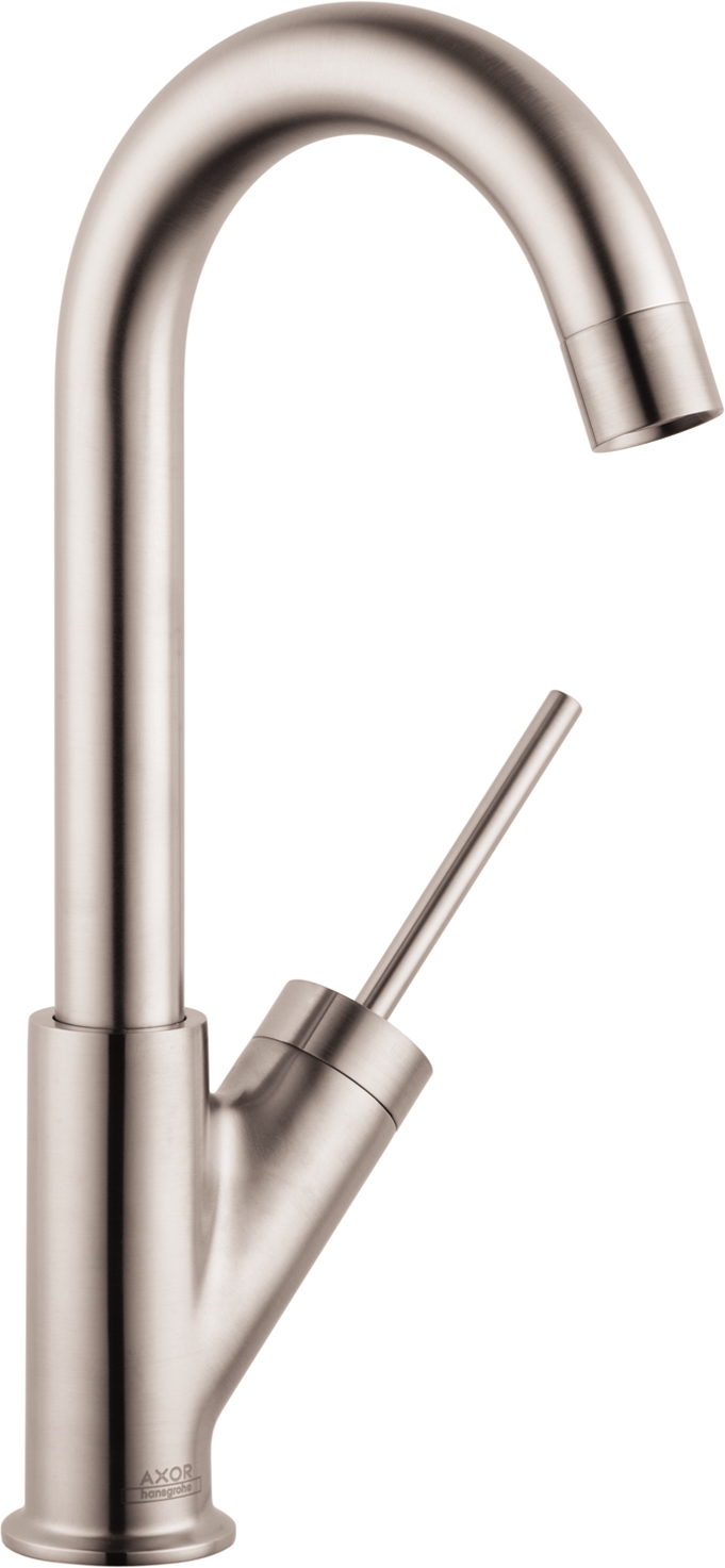 Steel optic bar faucet with curved spout and single lever handle, shown on white background.
