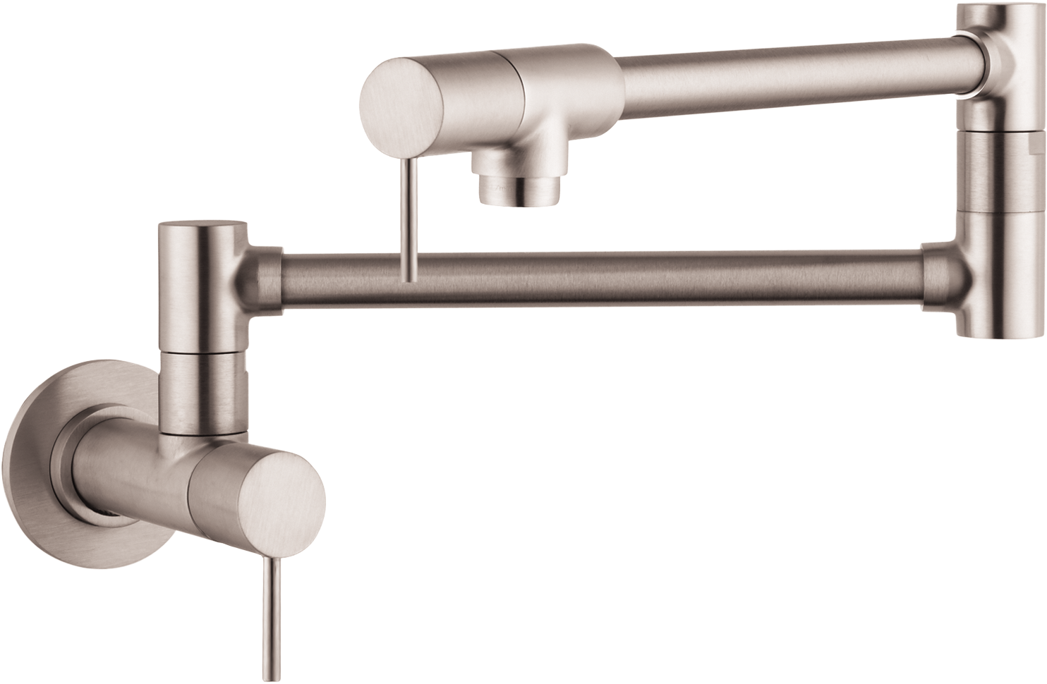 Steel optic wall-mounted pot filler with articulating arm and single lever handle.