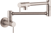 Steel optic wall-mounted pot filler with articulating arm and single lever handle.