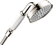 Polished nickel handshower with white grip handle and round showerhead with multiple jets against white background.