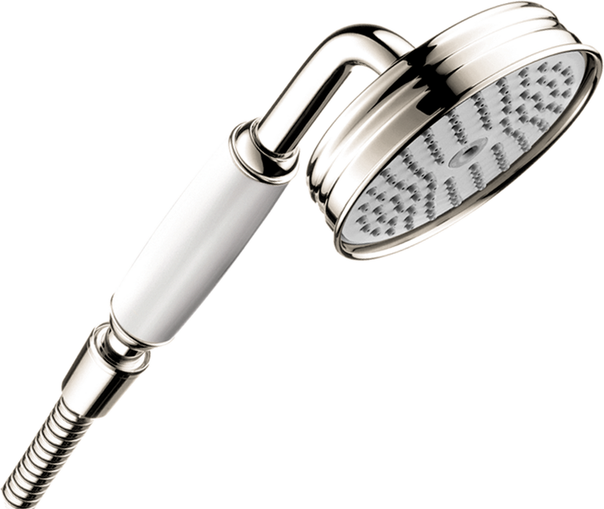 Polished nickel handshower with white grip handle and round showerhead with multiple jets against white background.
