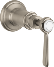 Brushed nickel volume control trim with lever handle and circular escutcheon plate.