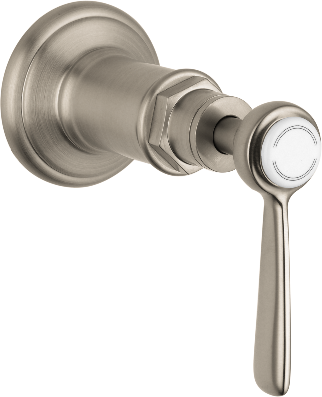 Brushed nickel volume control trim with lever handle and circular escutcheon plate.