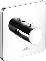 Brushed nickel thermostatic shower trim with cylindrical valve body and round control handle on square escutcheon plate.