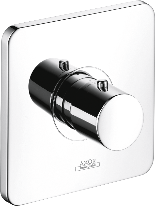 Brushed nickel thermostatic shower trim with cylindrical valve body and round control handle on square escutcheon plate.