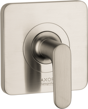 Brushed nickel volume control trim with lever handle and square backplate for shower or bath installation.
