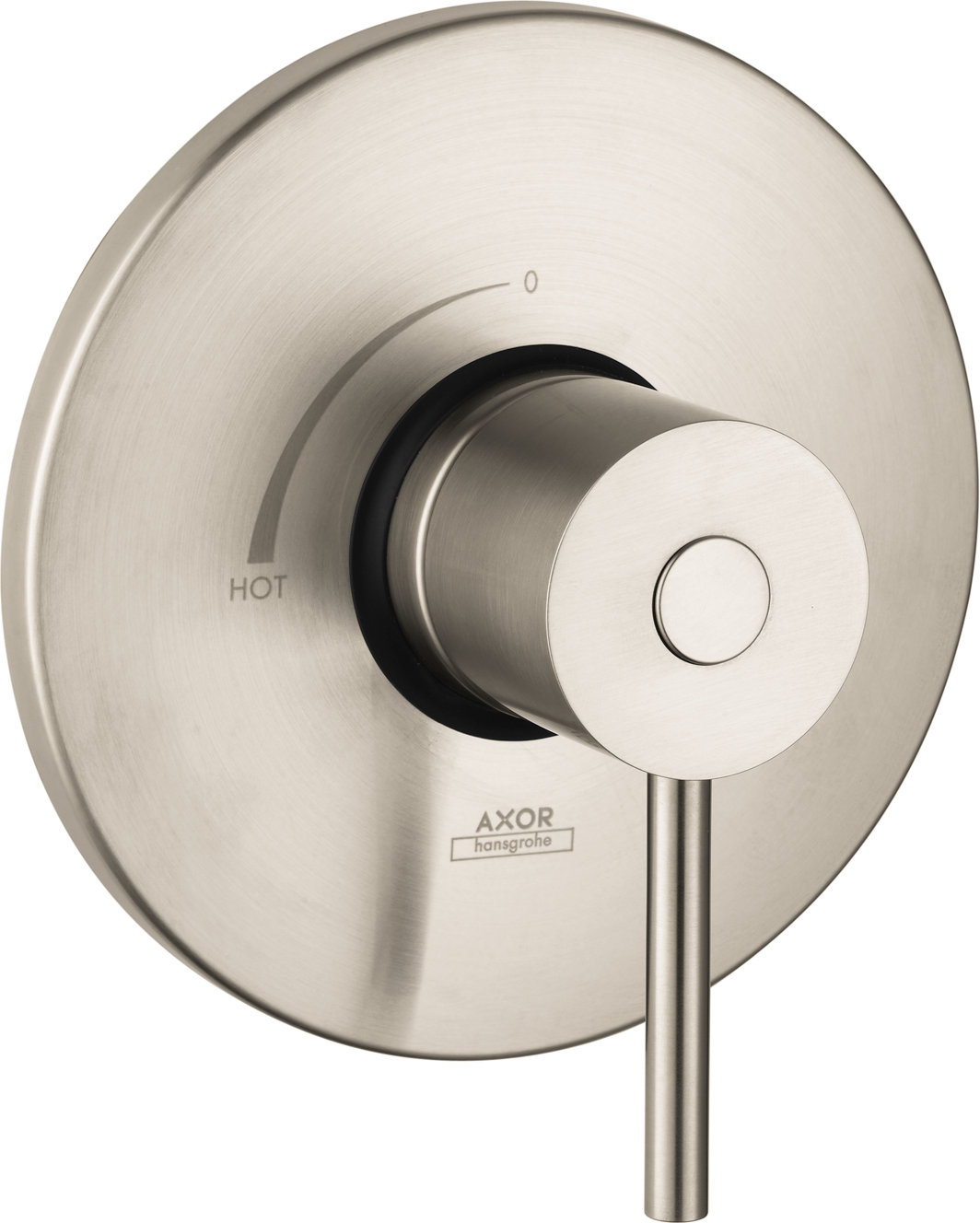 Brushed nickel pressure balance valve trim with circular escutcheon plate, lever handle, and temperature control markings.