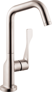 Steel optic bar faucet with high curved spout and single lever handle.