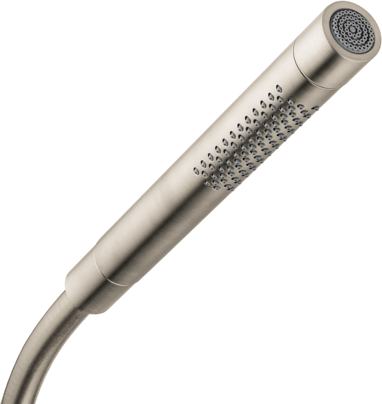 Brushed nickel handheld showerhead with cylindrical body, perforated grip section, and circular spray face with jet pattern h