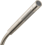 Brushed nickel handheld showerhead with cylindrical body, perforated grip section, and circular spray face with jet pattern h