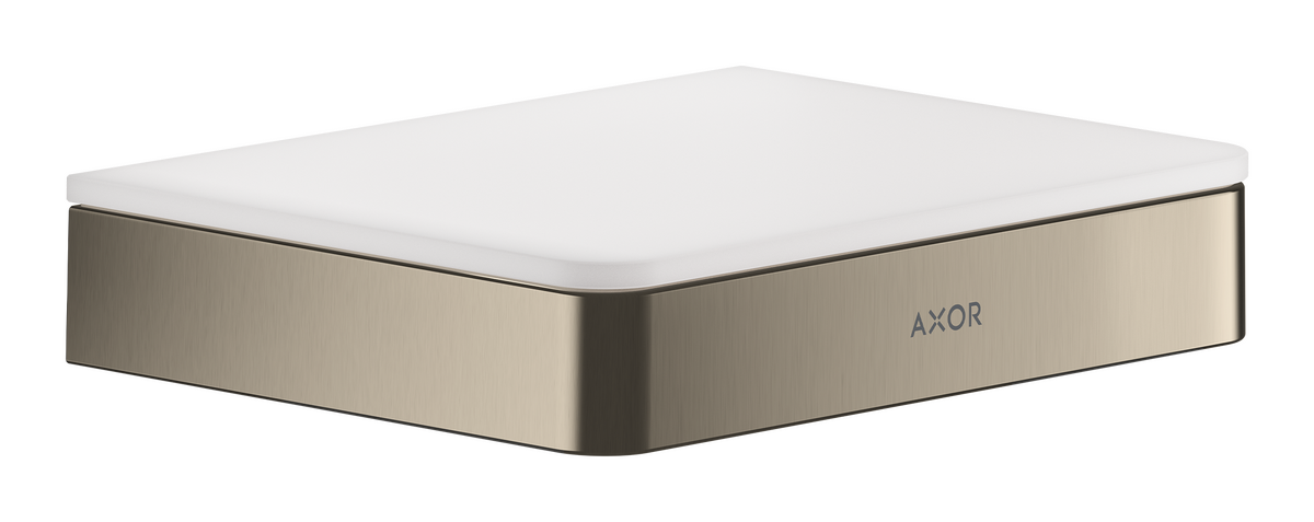 Rectangular shelf with white surface and brushed nickel metal frame, AXOR branding visible on front edge.