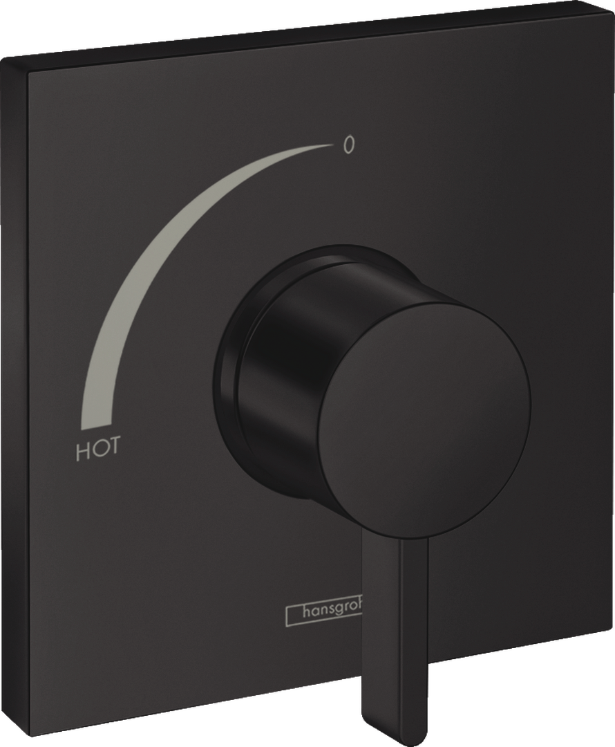 Matte black square pressure balance trim with circular handle, temperature dial marked "HOT," and Hansgrohe branding.