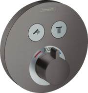 Round brushed black chrome thermostatic shower trim with two function buttons and central temperature control dial.