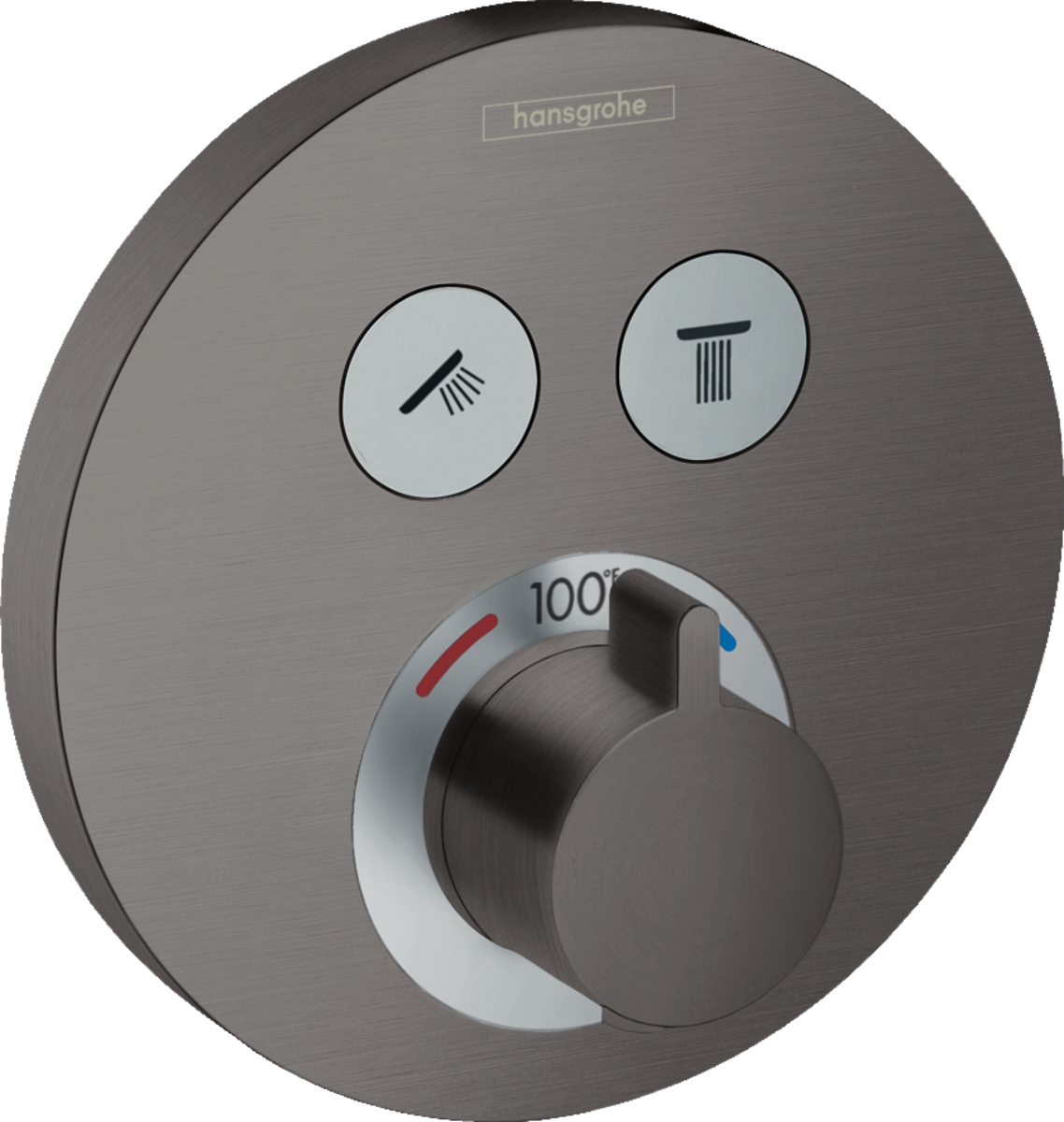 Round brushed black chrome thermostatic shower trim with two function buttons and central temperature control dial.