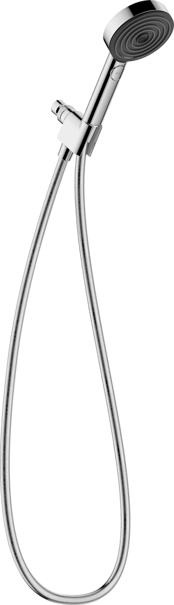 Chrome handheld showerhead with circular face and adjustment control, connected to flexible hose with wall bracket.