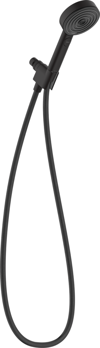 Matte black handheld showerhead with circular spray face and flexible hose with adjustable bracket.