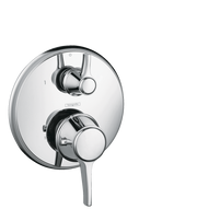 Round chrome thermostatic shower trim with upper diverter knob and lower volume control lever.