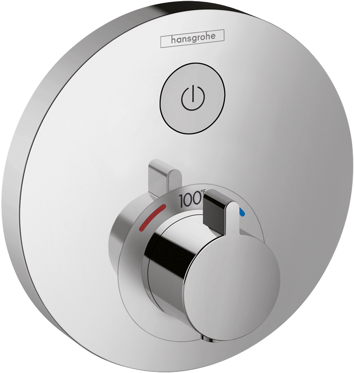Chrome round thermostatic shower trim with power button and temperature dial marked to 100 degrees.