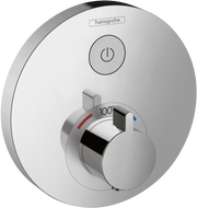 Chrome round thermostatic shower trim with power button and temperature dial marked to 100 degrees.