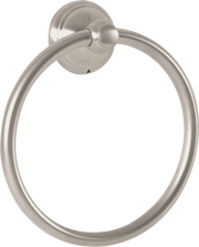 Brushed nickel circular towel ring mounted on round wall plate with ball finial.