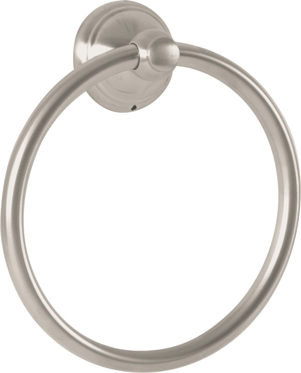 Brushed nickel circular towel ring mounted on round wall plate with ball finial.