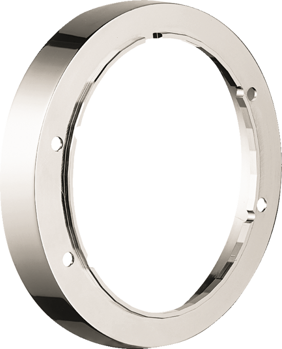Polished nickel circular trim ring with mounting holes and inner flange for thermostatic valve installation.