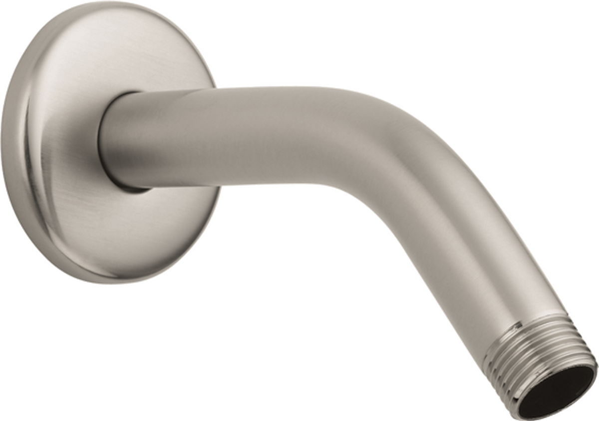 Brushed nickel shower arm with circular wall flange and angled extension pipe, threaded outlet connection.