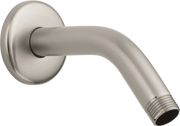 Brushed nickel shower arm with circular wall flange and angled extension pipe, threaded outlet connection.