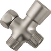 Brushed nickel 2-way shower diverter with threaded ports and rotary lever handle.