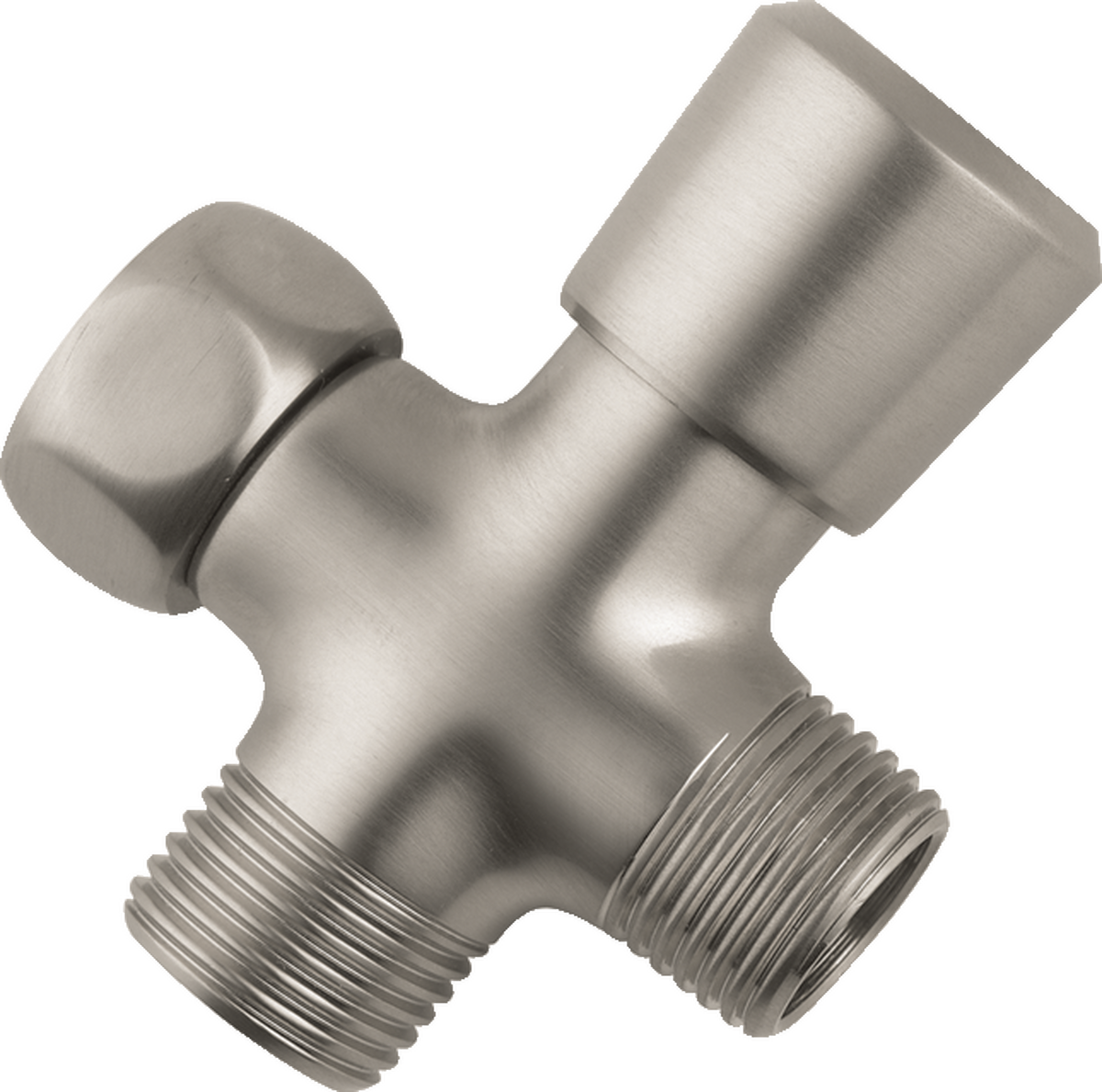 Brushed nickel 2-way shower diverter with threaded ports and rotary lever handle.