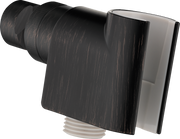 Rubbed bronze shower arm mount with square wall plate and cylindrical connector for handheld showerhead attachment.