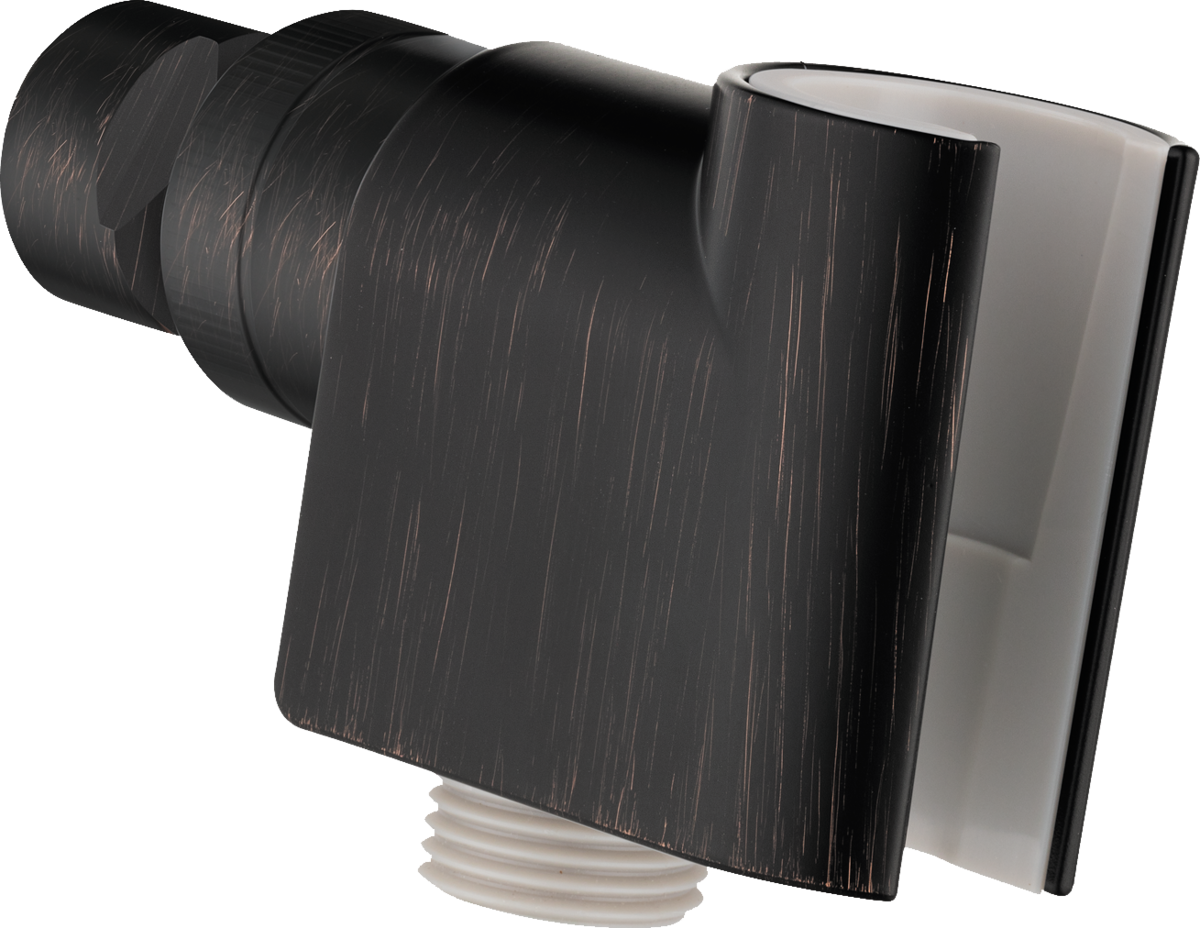 Rubbed bronze shower arm mount with square wall plate and cylindrical connector for handheld showerhead attachment.