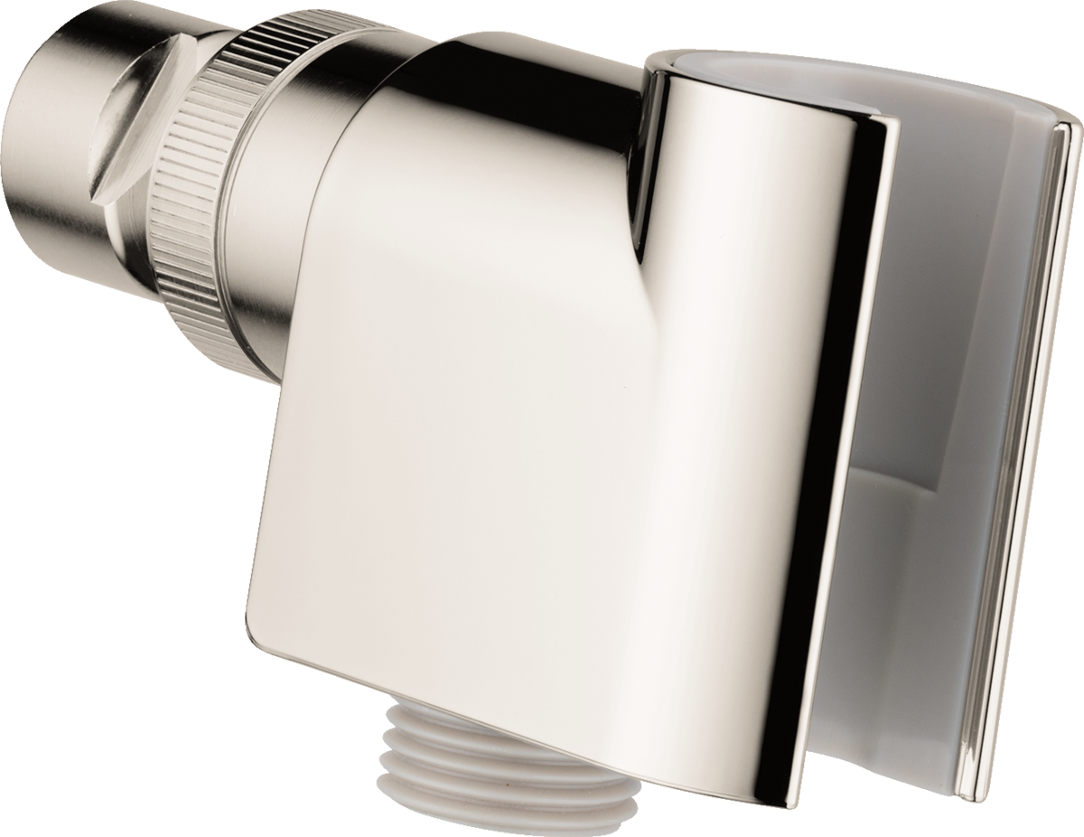 Polished nickel shower arm mount with square wall bracket and adjustable handshower connector.