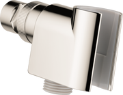 Polished nickel shower arm mount with square wall bracket and adjustable handshower connector.
