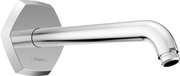 Chrome shower arm with curved spout and hexagonal wall-mounted bracket.