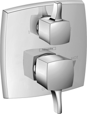 Chrome square pressure balance shower trim with two cube handles and diverter valve.
