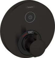 Round matte black thermostatic shower valve trim with power button above and temperature dial below showing 100°F.