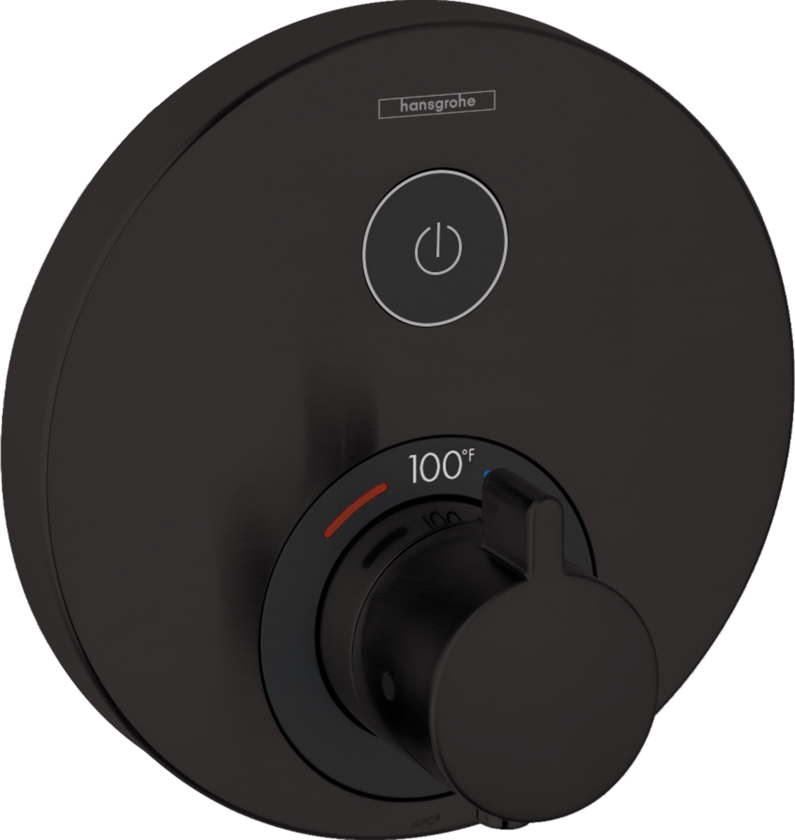 Round matte black thermostatic shower valve trim with power button above and temperature dial below showing 100°F.