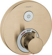 Round brushed bronze thermostatic shower trim with power button and temperature dial marked to 100 degrees.
