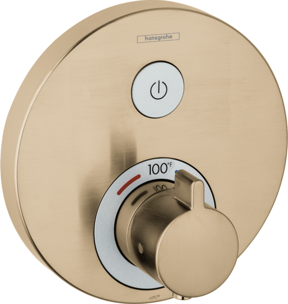 Round brushed bronze thermostatic shower trim with power button and temperature dial marked to 100 degrees.